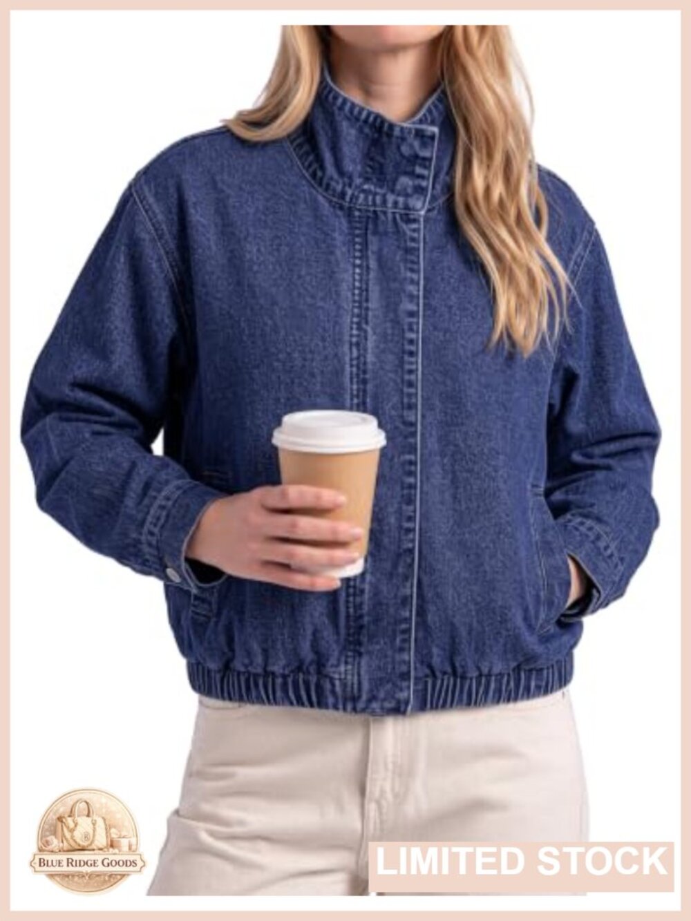 Funnel Neck Zip Up Oversized Denim Jacket Snap Closure Slant Pockets